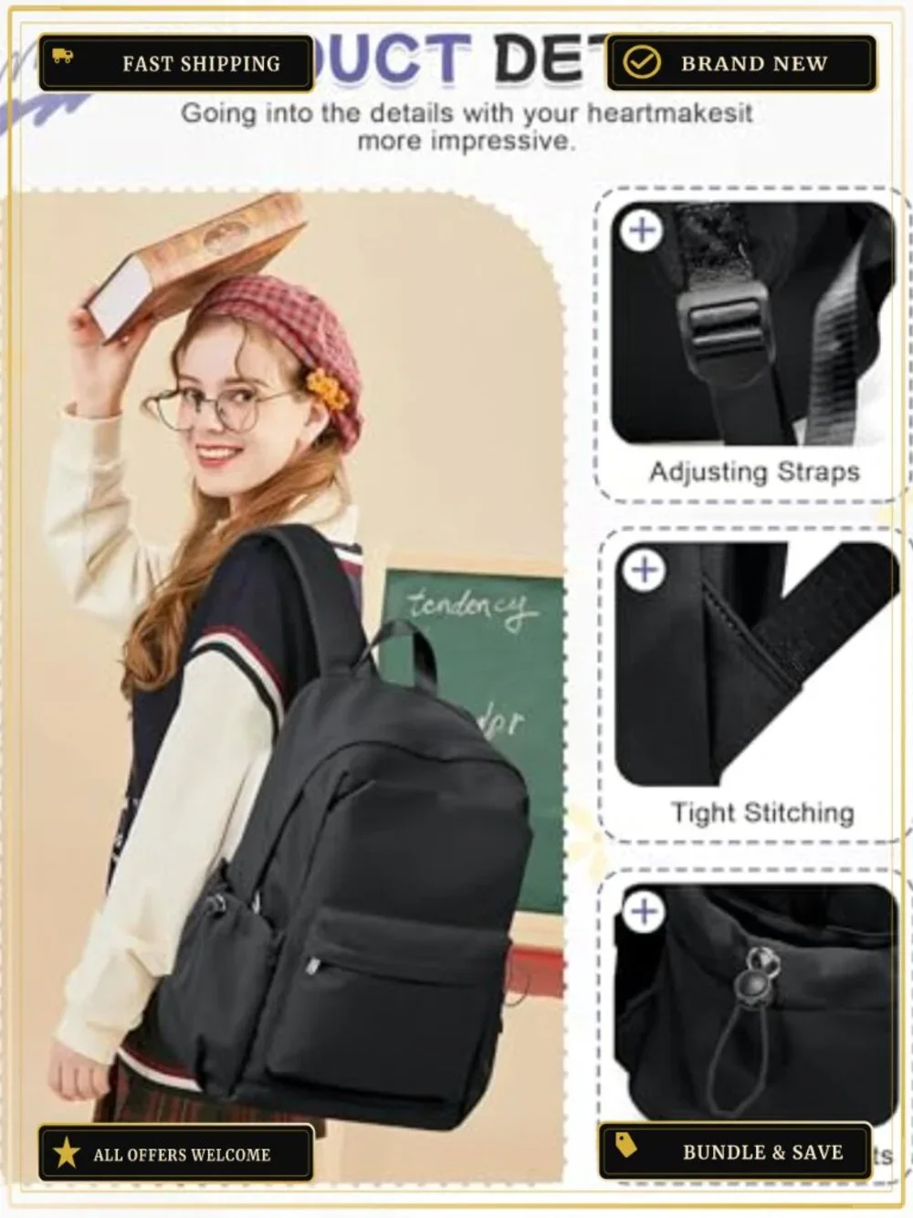 Small Black Backpack for School Teens Adults